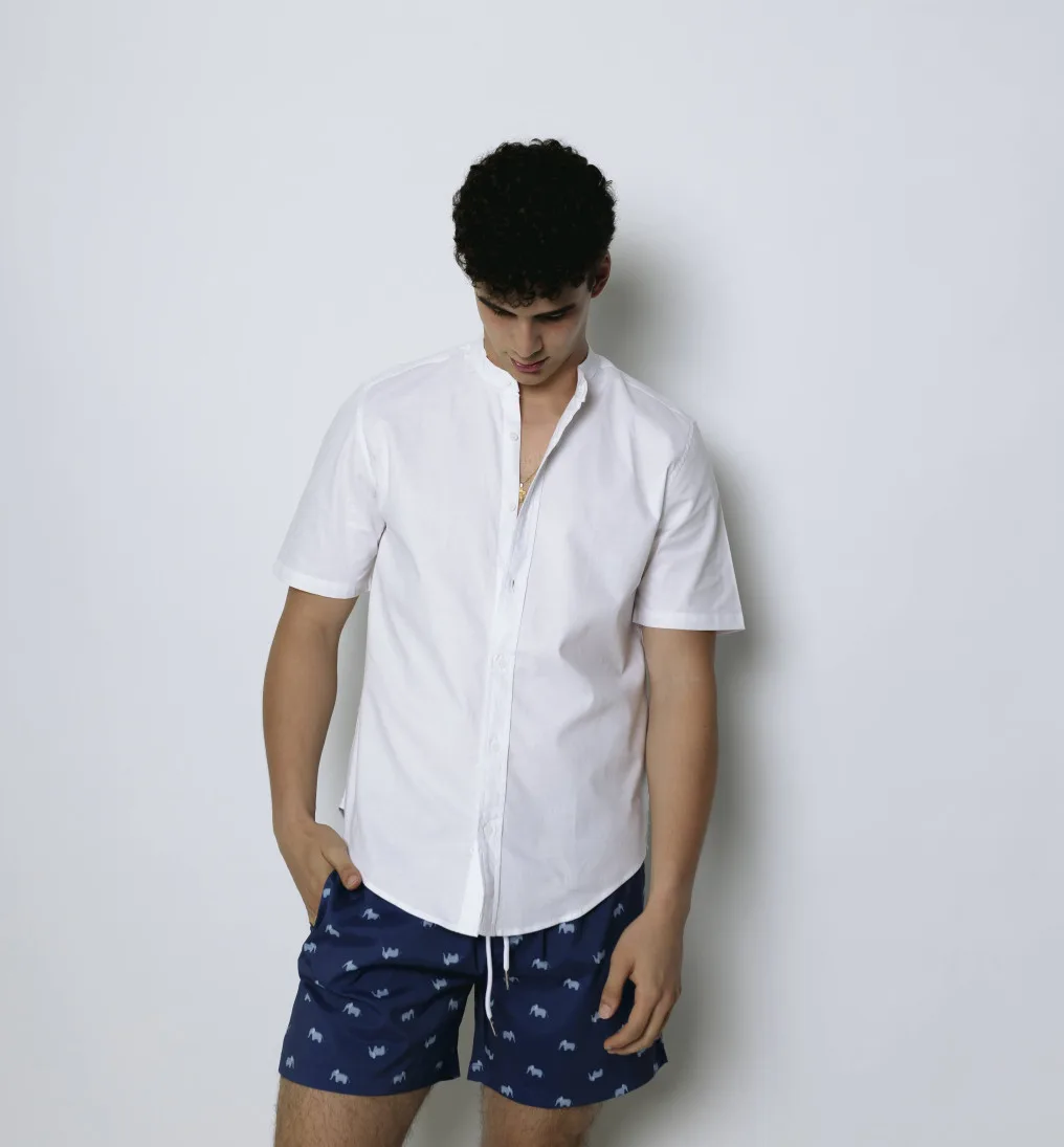Camisa Cuello Mao Mangas Cortas Blanca