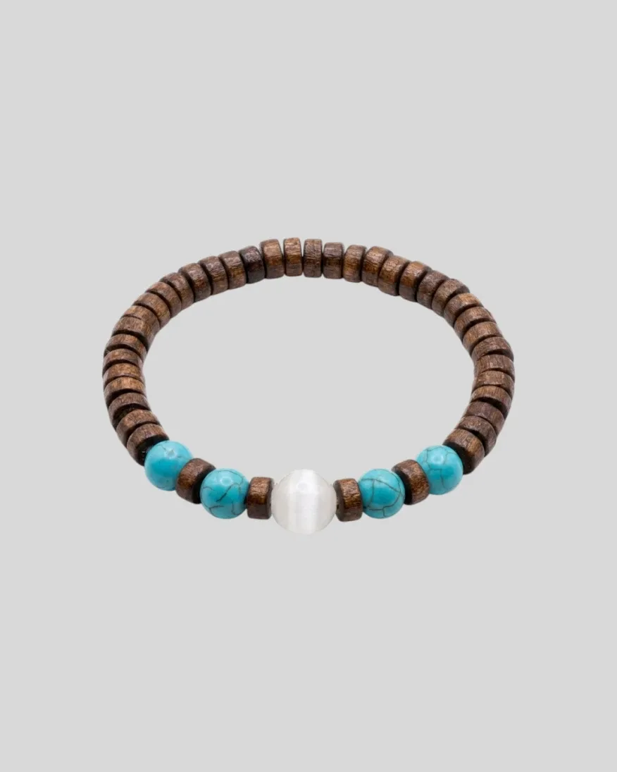 Pulsera Liberato Marron Oscuro De Madera Con Piedritas Turquesa